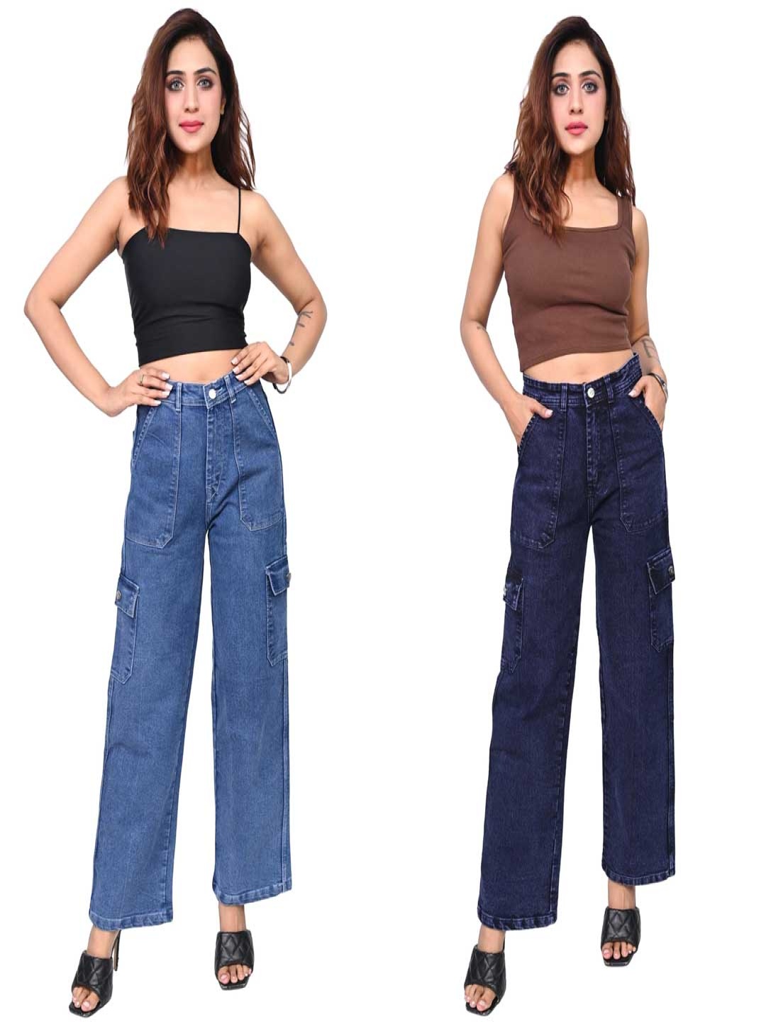 

Doll Fashion Women Pack of 2 Boyfriend Fit Mid-Rise Cargo Cotton Jeans, Navy blue