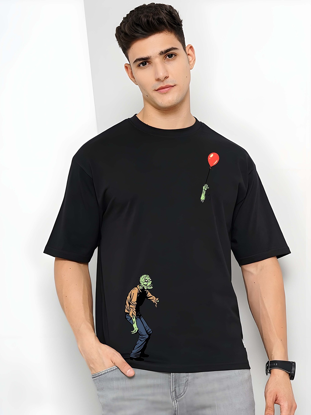 

Krimmple Men Drop-Shoulder Sleeves Pure Cotton T-shirt, Black