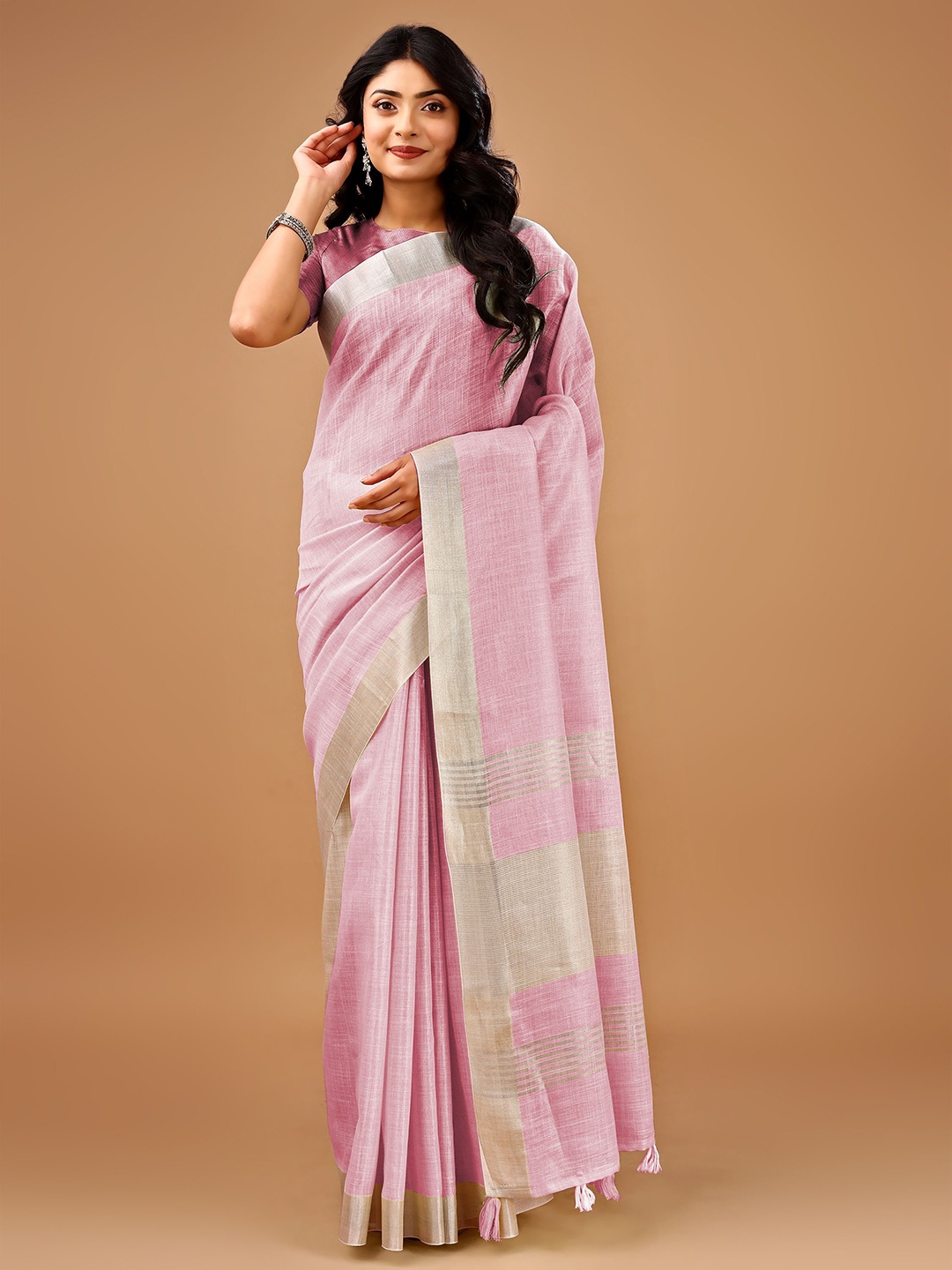 

PURI MAA Zari Linen Blend Kota Saree, Pink