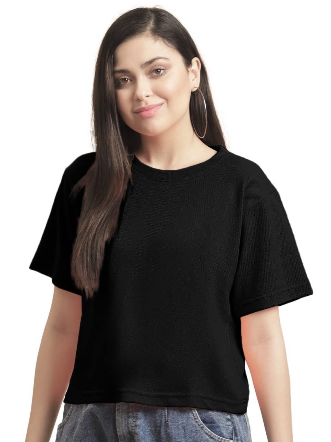 

NOTWILD Women Solid Round Neck Cotton Relaxed Fit T-shirt, Black