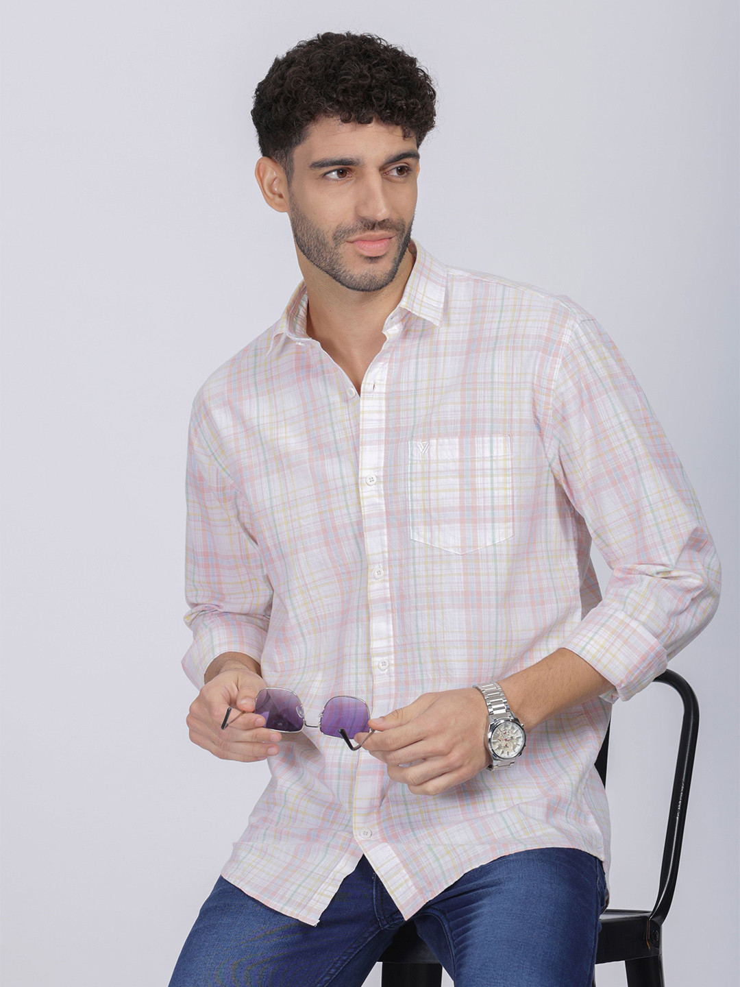 

BS BLUE SQUAD Men India Slim Fit Spread Collar Tartan Checked Cotton Casual Shirt, White