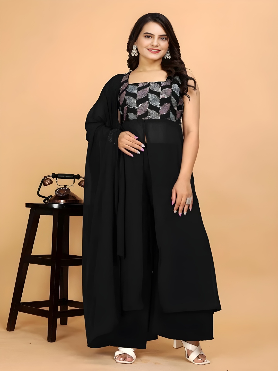

Maeswag Floral Embroidered Sequinned A-Line Kurta with Palazzos & Dupatta, Black