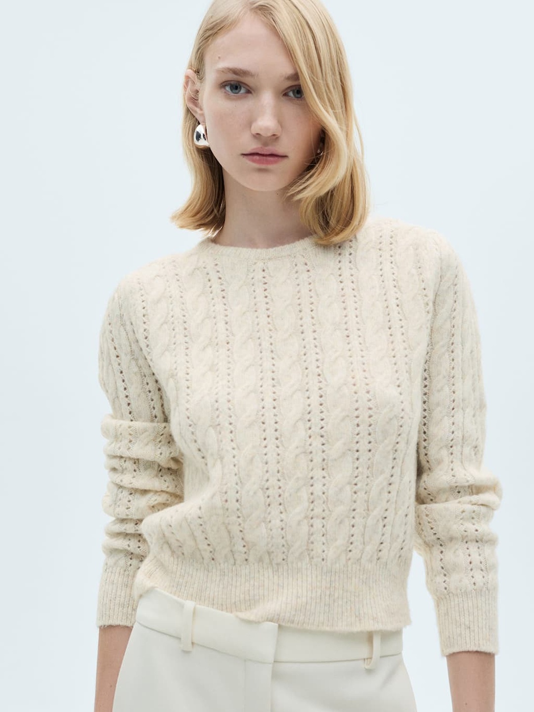 

MANGO Women Cable Knit Pullover, Off white