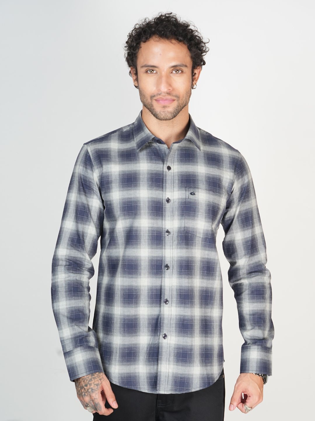 

Allen Cooper Men Classic Fit Spread Collar Checked Cotton Casual Shirt, Navy blue