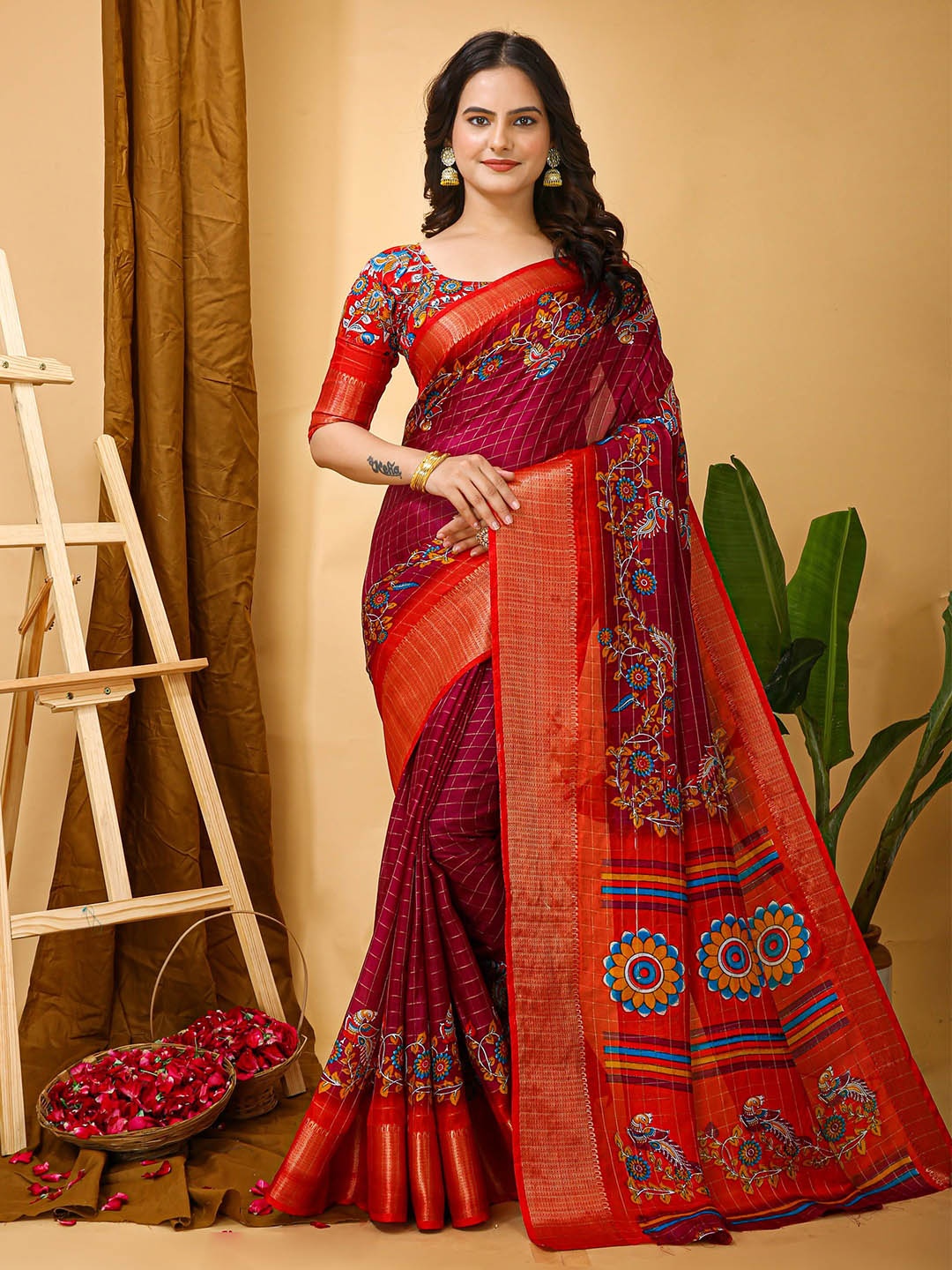 

KAYOMMI Kalamkari Zari Banarasi Saree, Pink