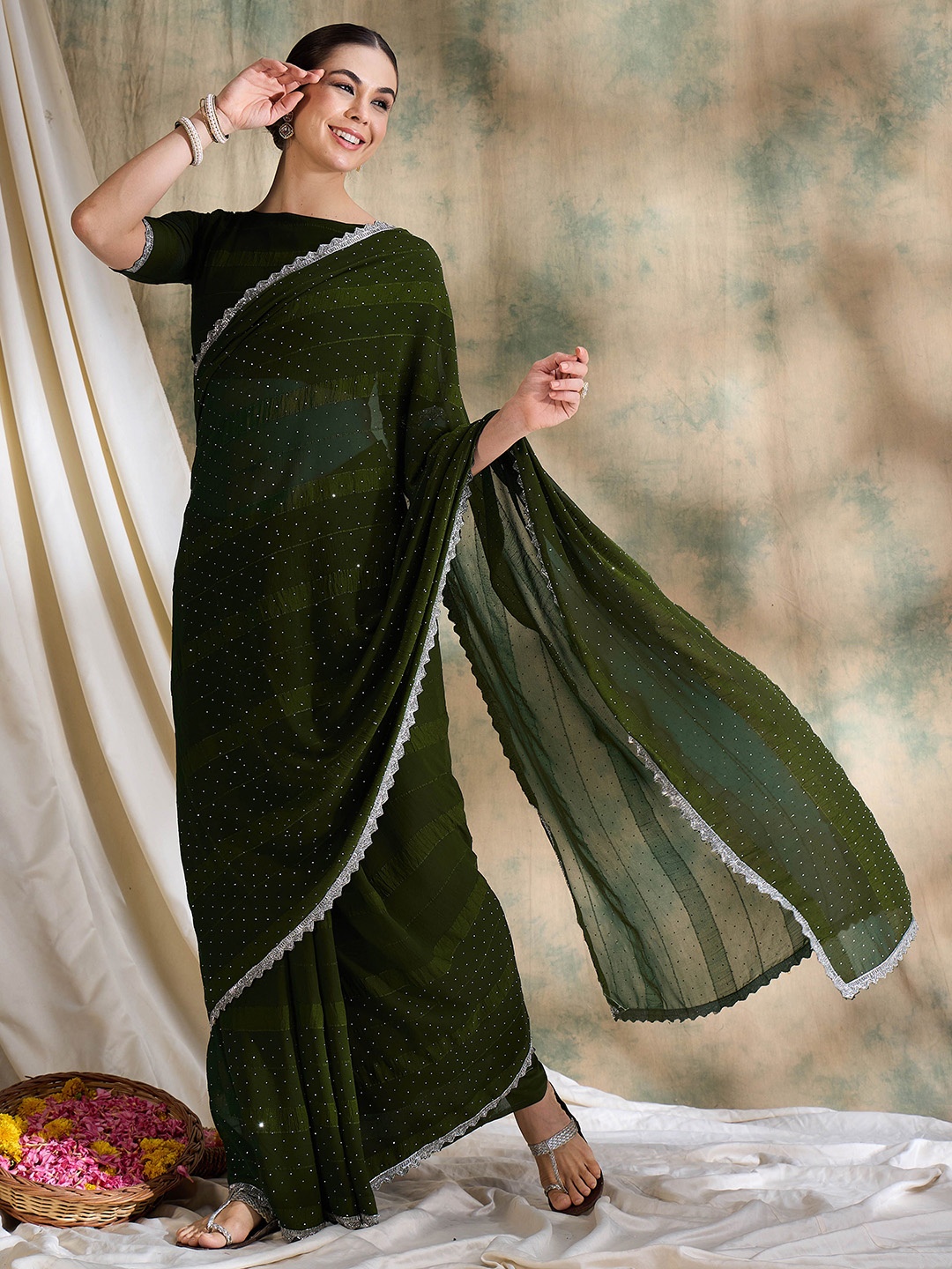 

MANVAA Embellished Beads and Stones Silk Blend Banarasi Saree, Olive