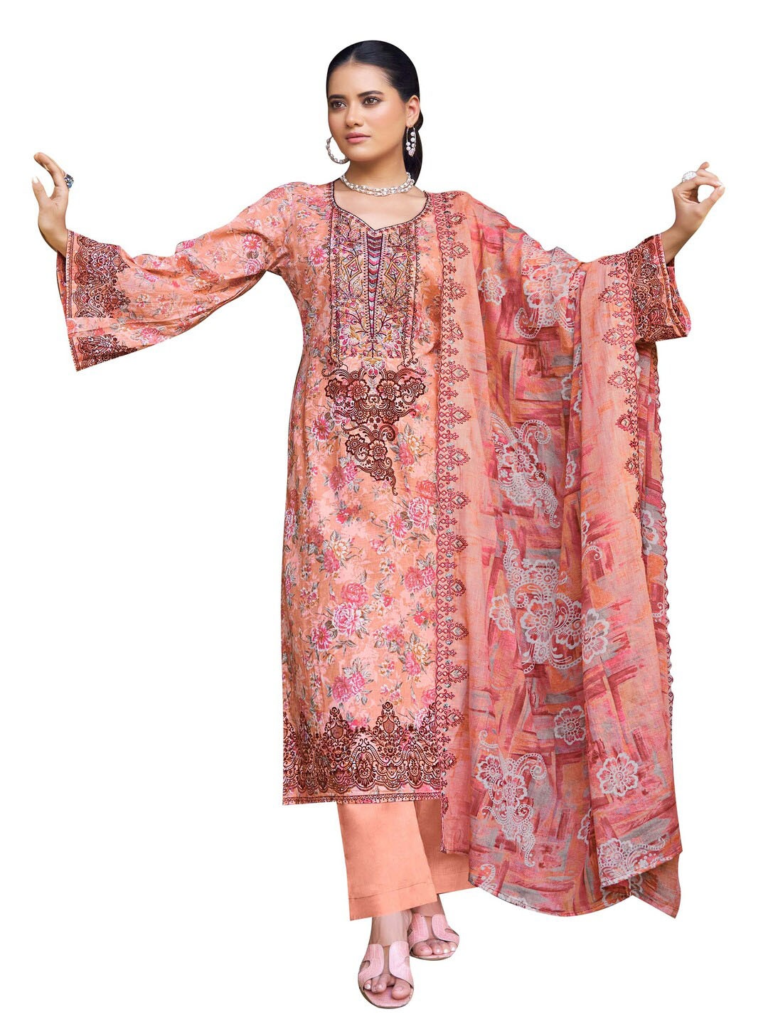 

DRAVINAM Floral Embroidered Pure Cotton Unstitched Dress Material, Peach