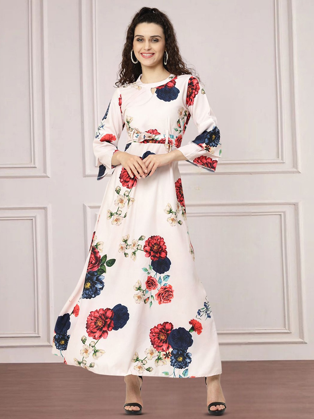 

MISS AYSE Women Cotton Floral Printed Fit & Flare Dress, White