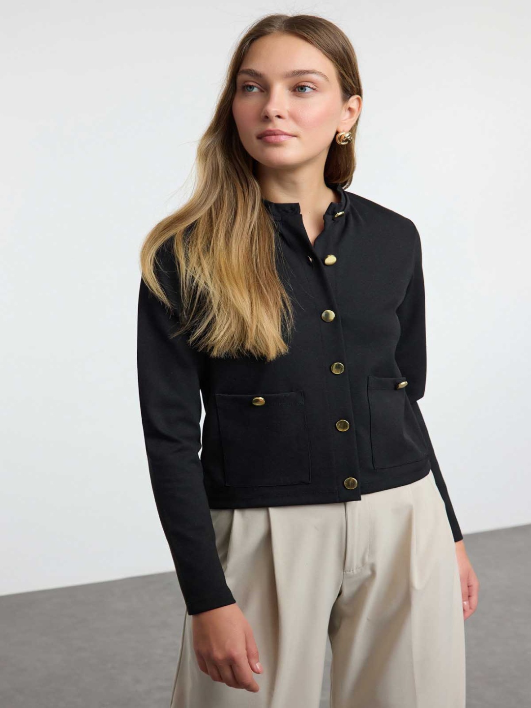 

Trendyol Women Mock Collar Solid Casual Tailored Jacket, Black