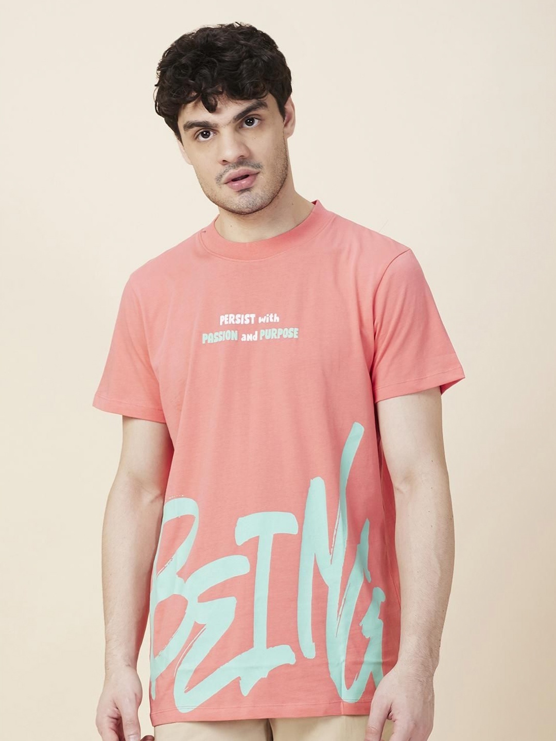 

Being Human Men Typography Printed Round Neck Cotton T-shirt, Coral