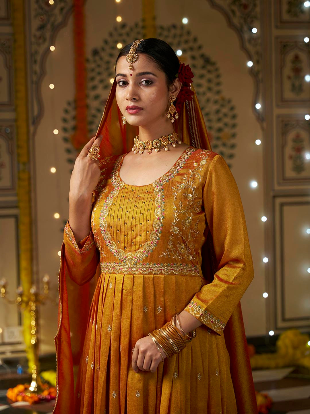 

Kvsfab Floral Embroidered Pleated Sequinned A-Line Kurta with Trousers & Dupatta, Yellow