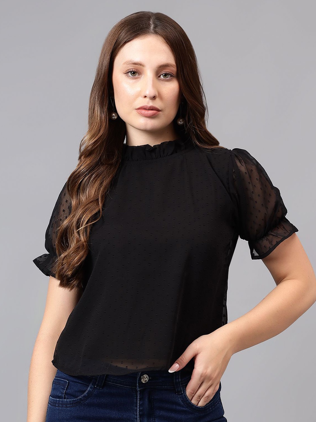 

Bright Nex Women Self Design Puff Sleeve Top, Black