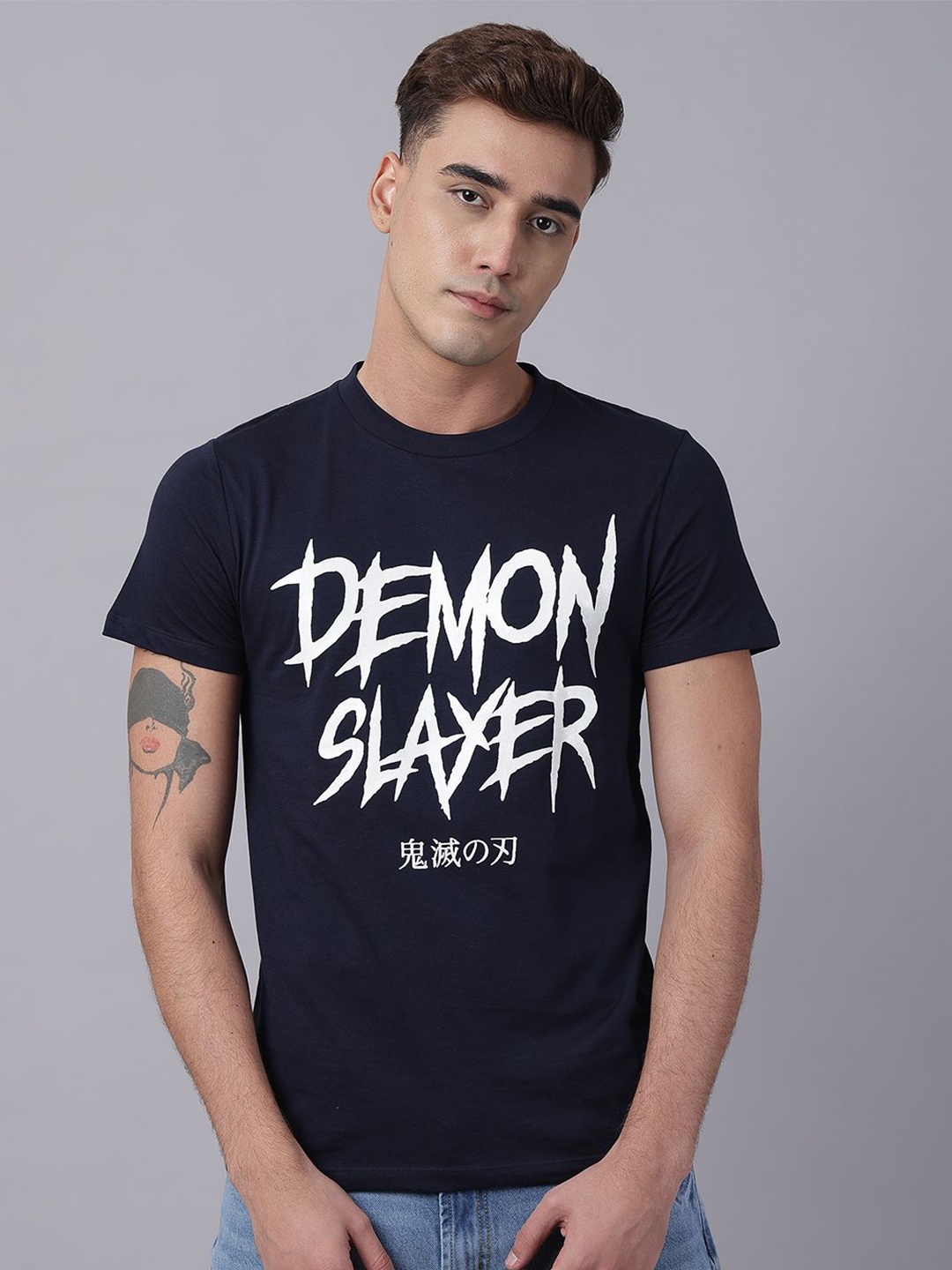 

Free Authority Men Demon Slayer Printed Round Neck Cotton T-shirt, Navy blue