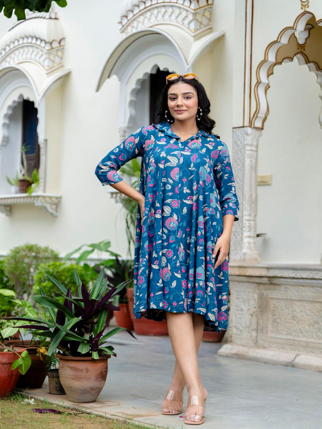 

Demirner Floral Printed Shirt Collar Anarkali Ethnic Dress, Blue