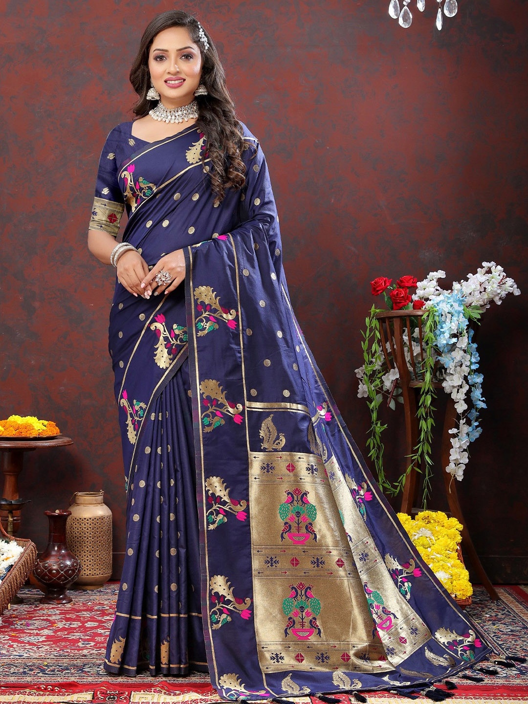 

LeeliPeeri Designer Woven Design Zari Silk Blend Paithani Saree, Navy blue