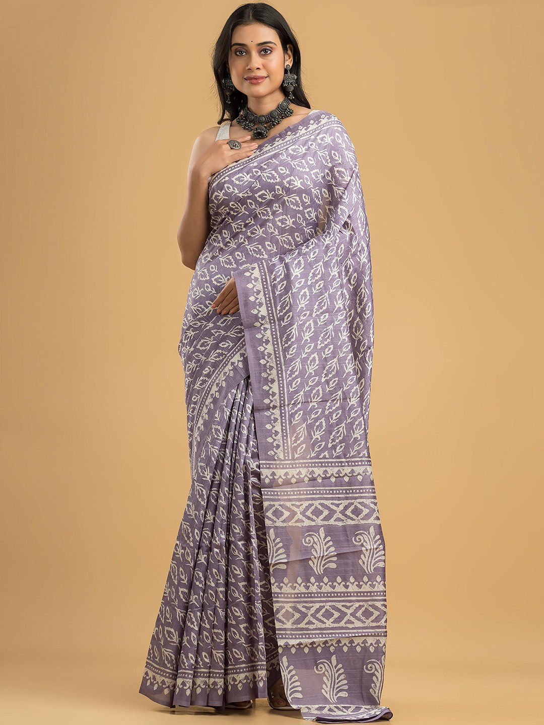 

Dheu Floral Block Print Saree, Lavender