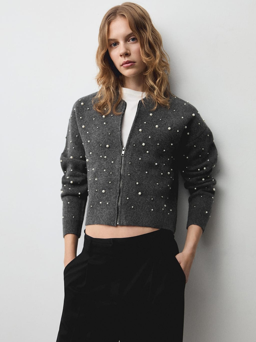 

MANGO Embellished Zipper Cardigan, Grey