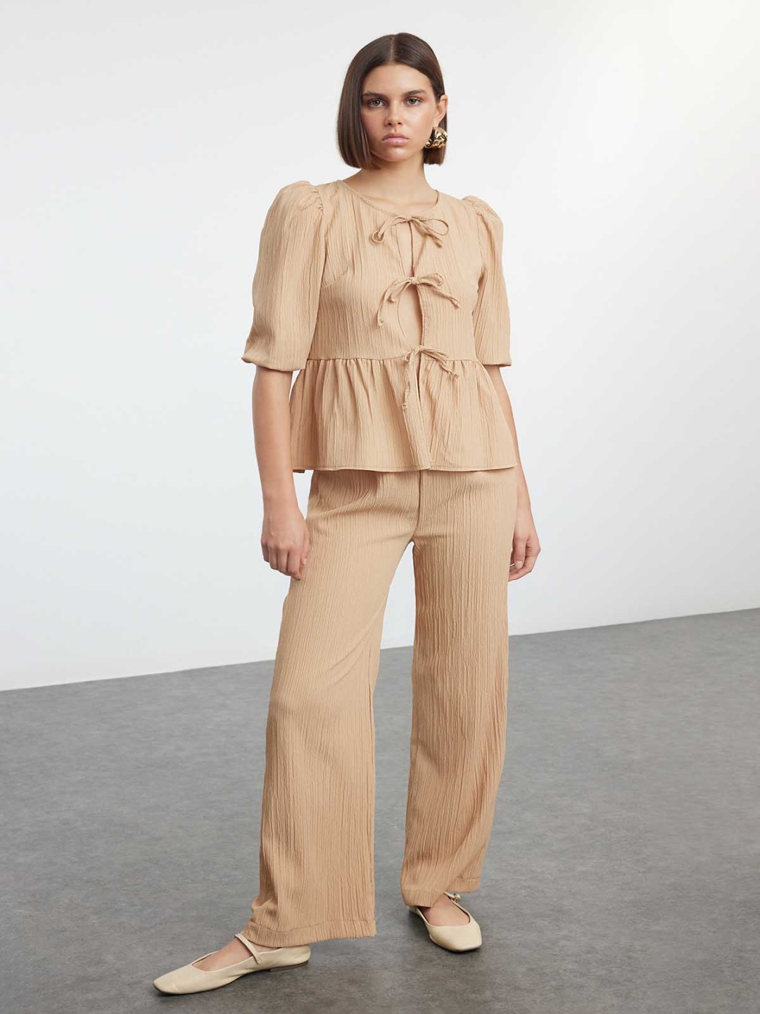 

Trendyol Self Design Tie-Up Puff Sleeves Top And Trouser, Camel brown