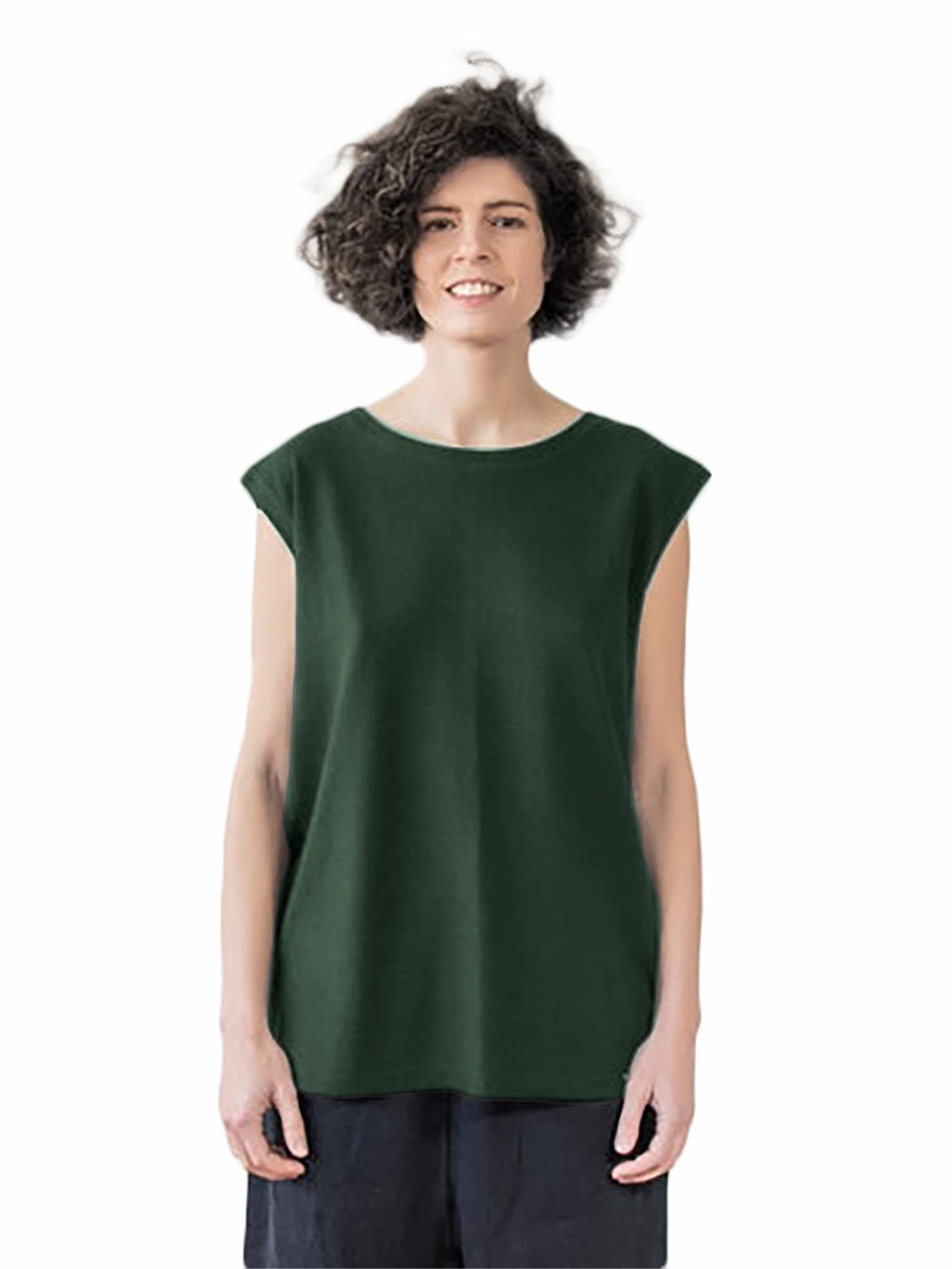 

NOTWILD Women Solid Round Neck Cotton T-shirt, Green