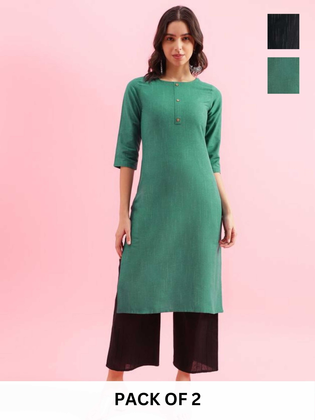 

KALINI Selection Of 2 Round Neck Straight Kurtas, Green