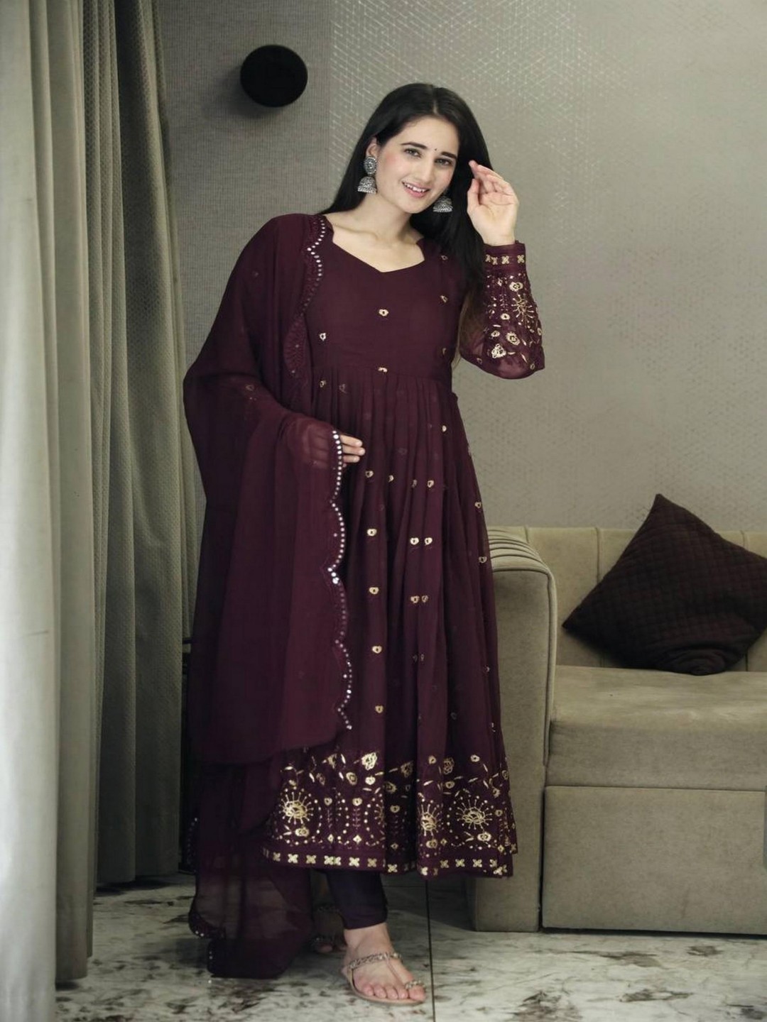 

mimi design Floral Embroidered Silk Georgette Anarkali Kurta With Trousers & Dupatta, Violet