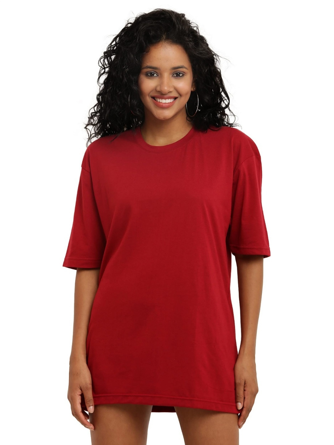 

NOTWILD Women Solid Round Neck Cotton Oversized T-shirt, Maroon