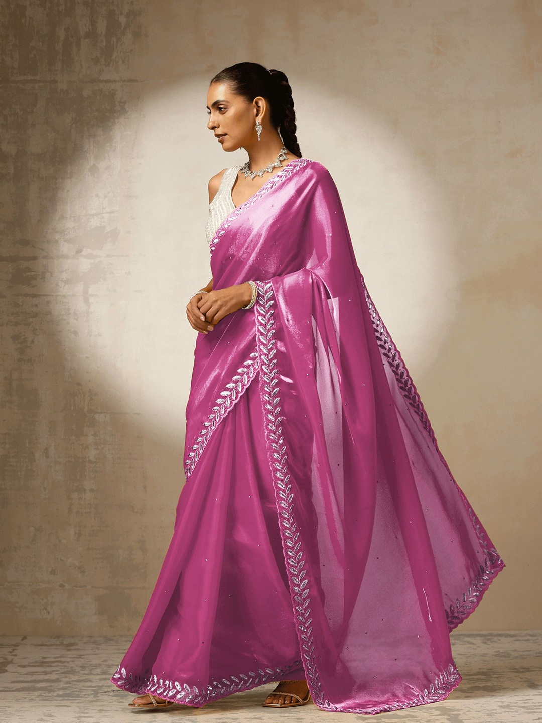 

LeeliPeeri Designer Women Embroidered Sequence Work Saree With Contrast Blouse Piece, Pink