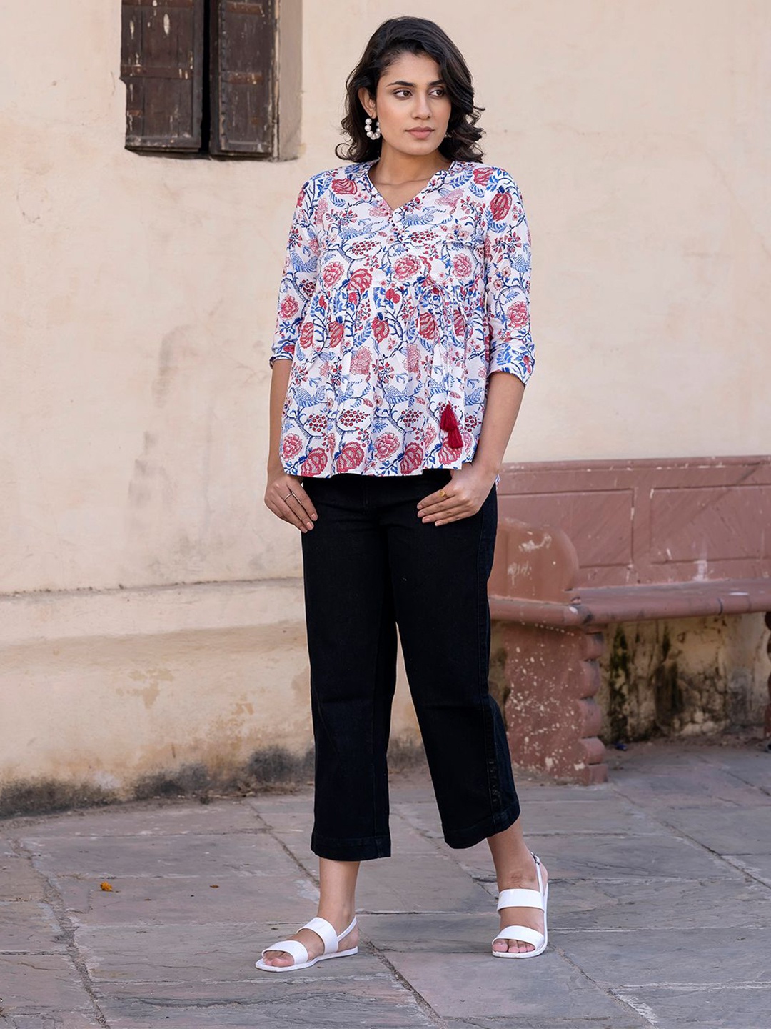 

BAESD Floral Printed Cotton A-Line Top, Pink