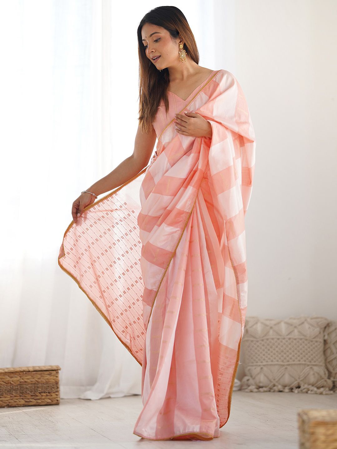 

Satrani Striped Embroidered Saree, Peach