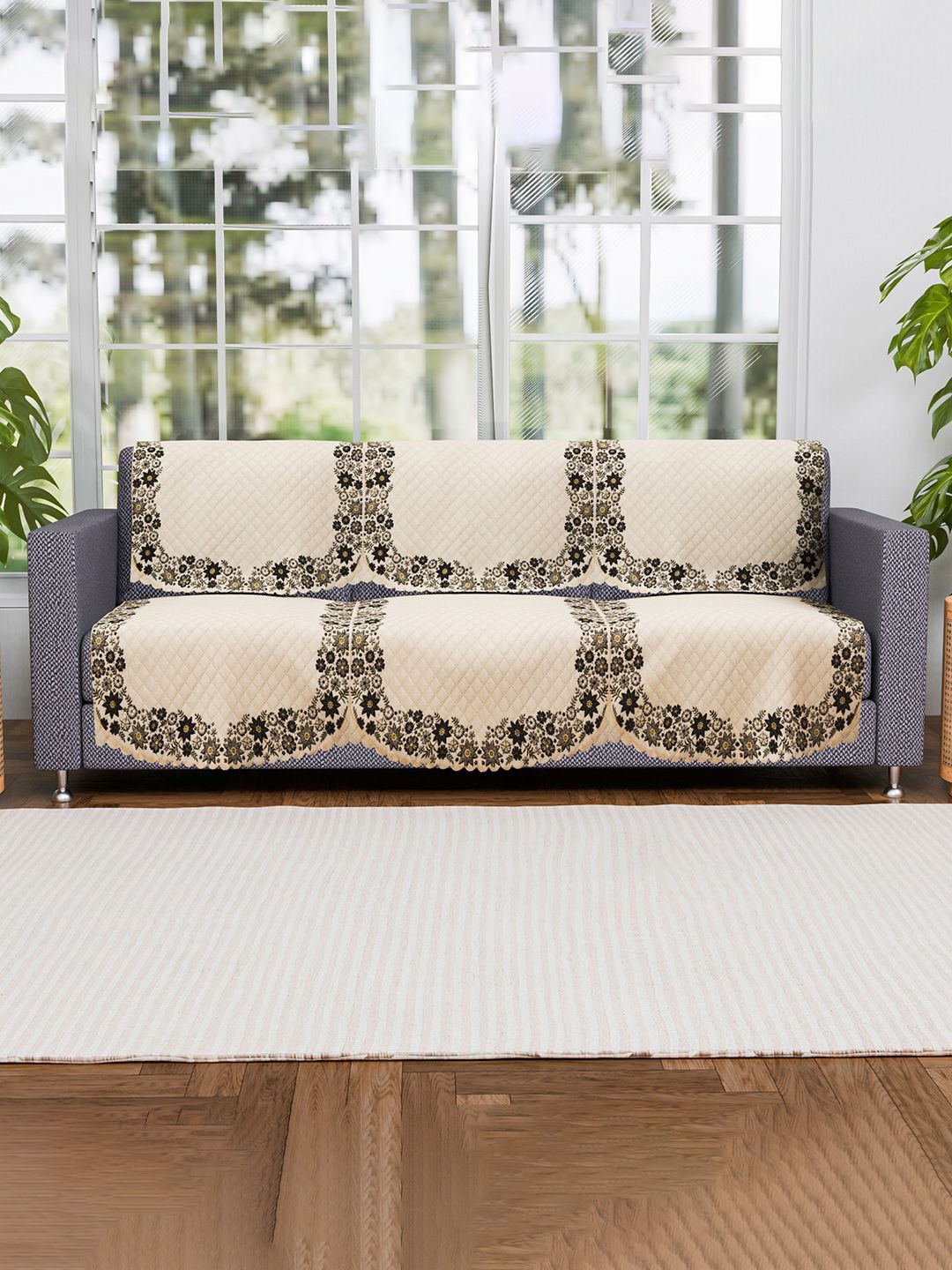 

Kuber Industries Cream-Coloured & Black 2 Pieces 3 Seater Printed Sofa Covers