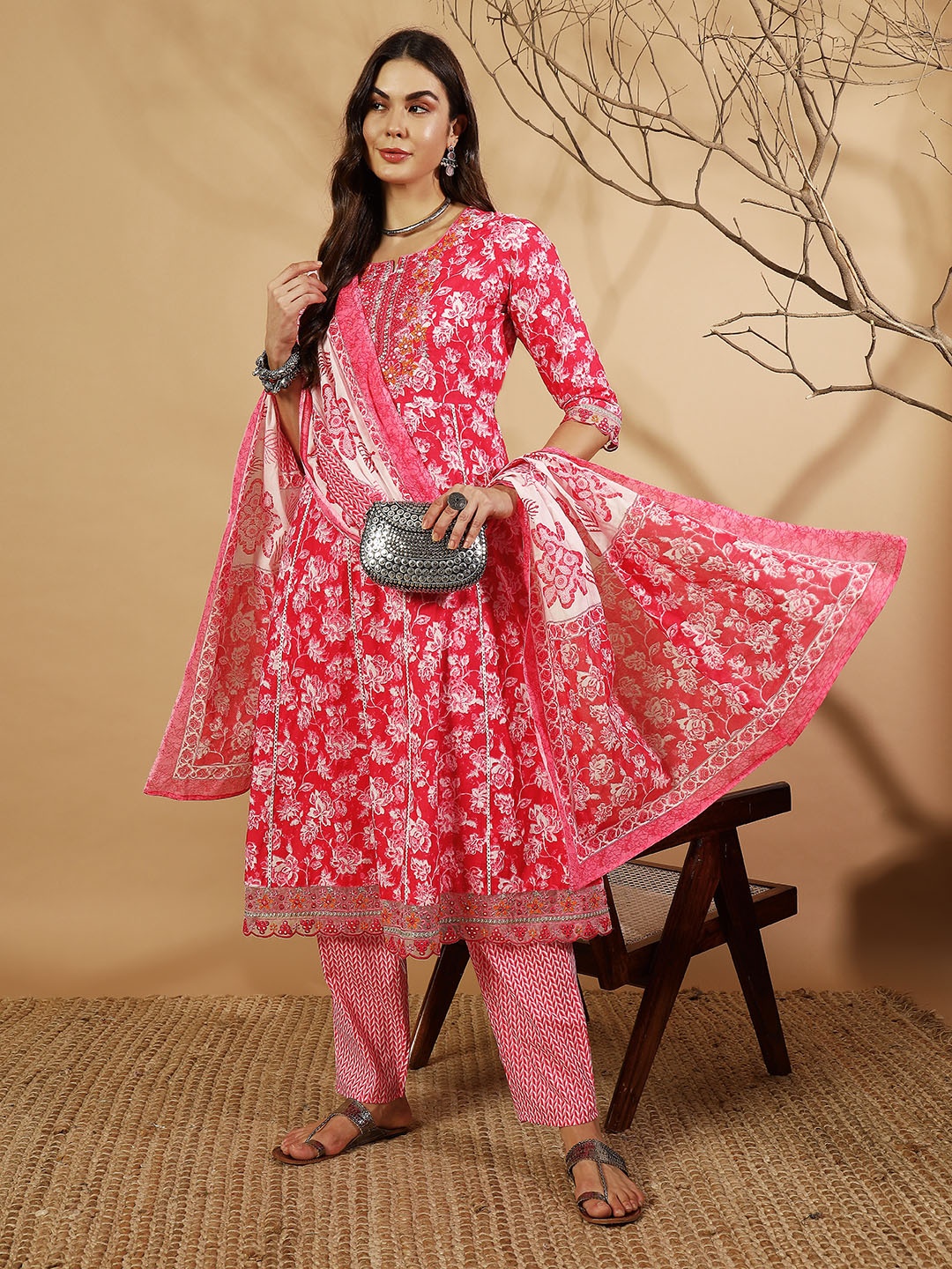 

V.S.Creation Floral Printed Panelled Thread Work Pure Cotton Kurta With Trousers & Dupatta, Pink