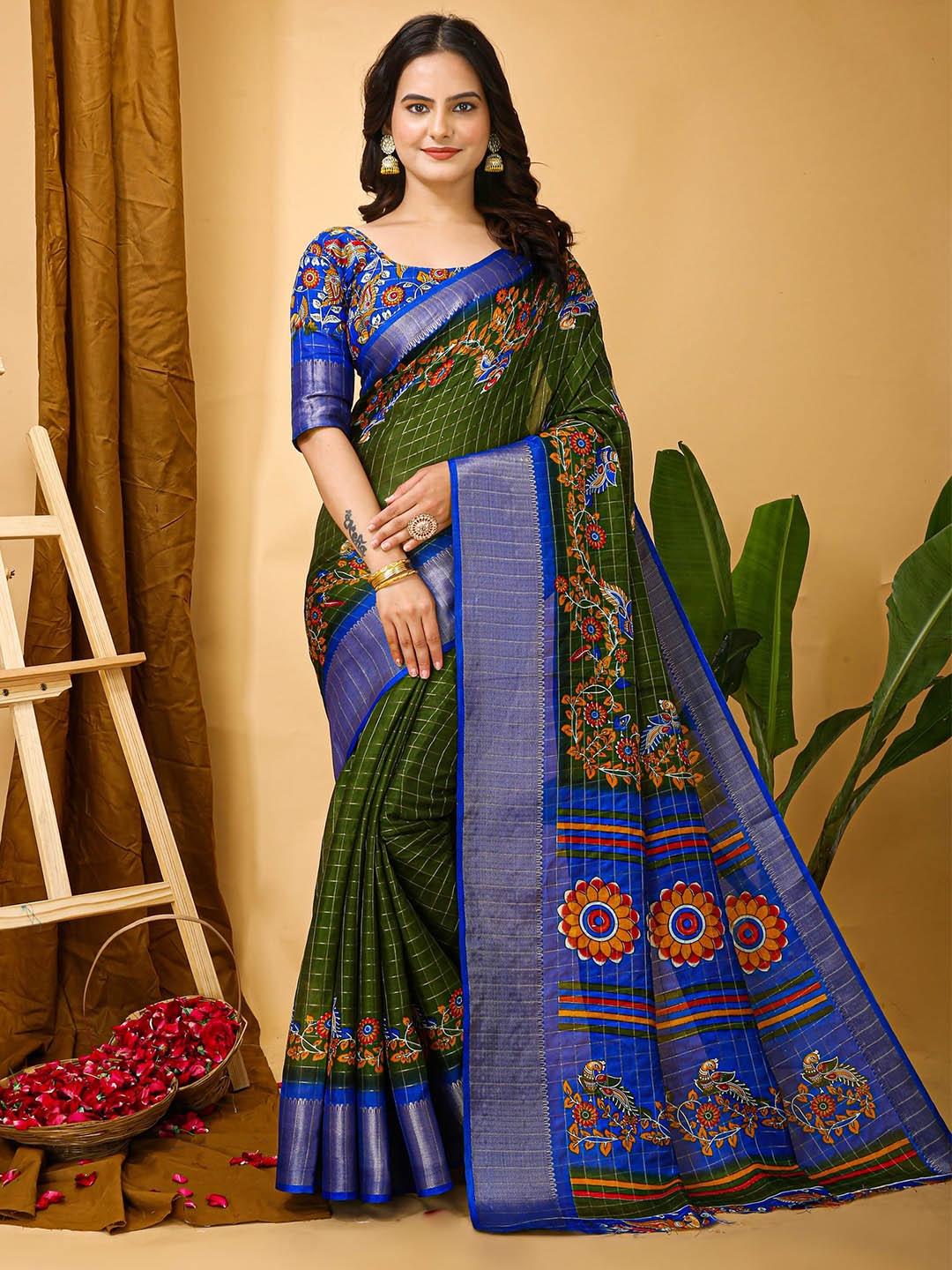 

KAYOMMI Ethnic Motifs Printed Zari Woven Design Banarasi Saree, Green