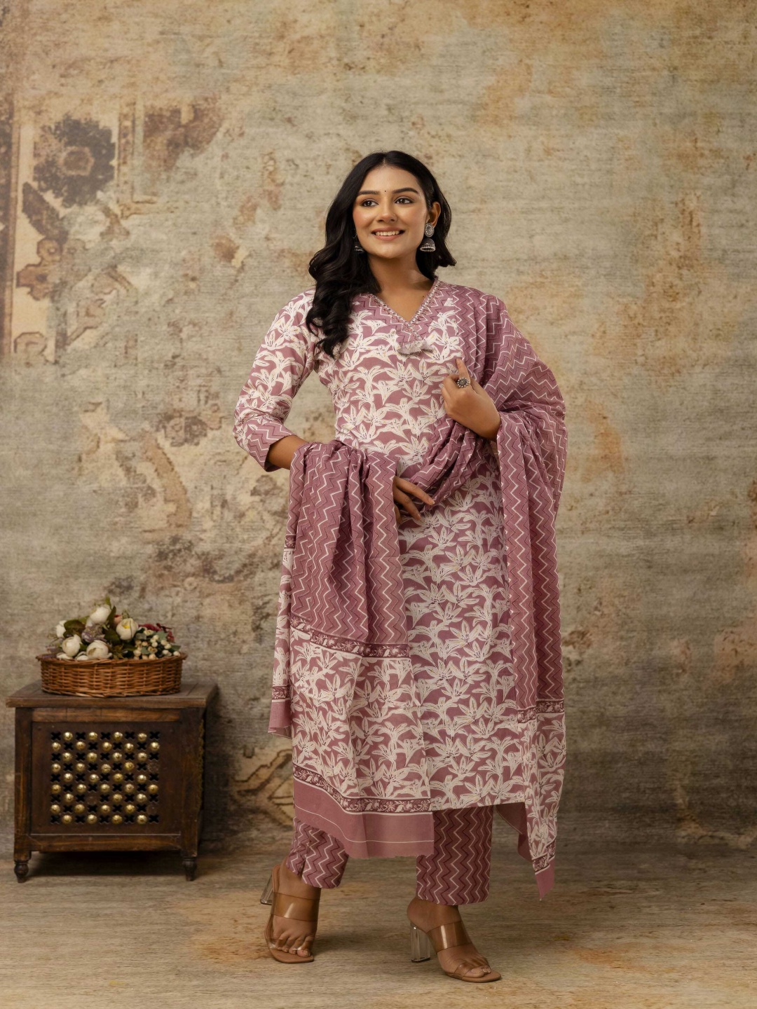 

Anouk Floral Printed Pure Cotton Straight Kurta With Trouser And Dupatta, Mauve