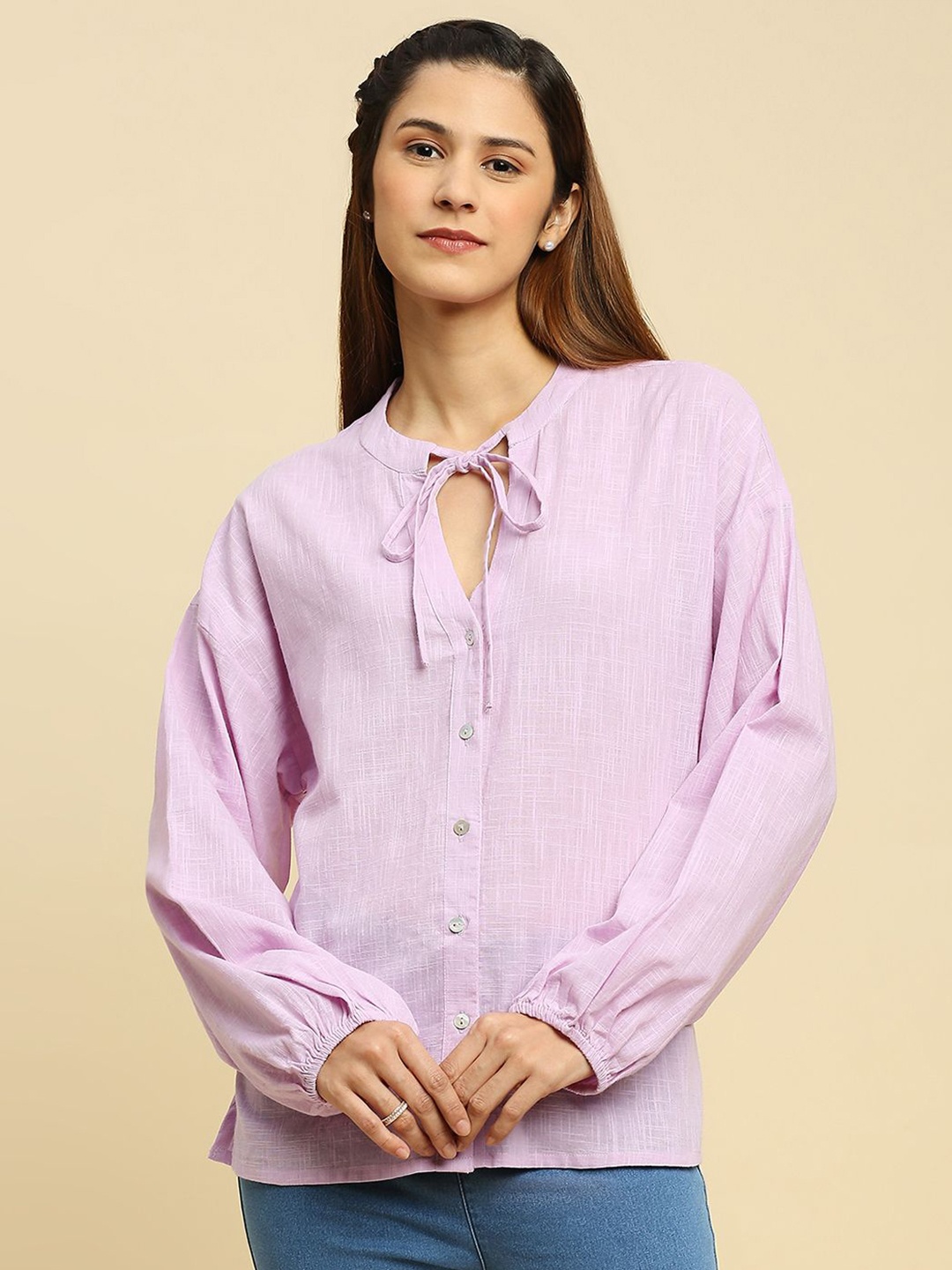 

INDYES Tie-Up Neck Puff Sleeve Cotton Longline Top, Lavender