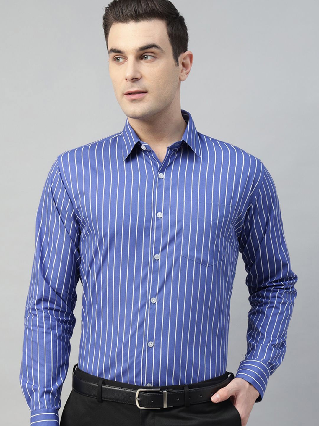 

Hancock Standard Slim Fit Opaque Striped Formal Shirt, Blue