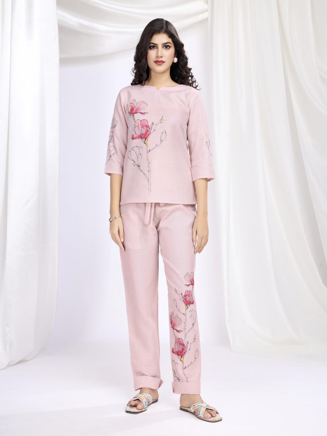 

MOJILAA Printed Top With Trouser Co-Ords, Pink