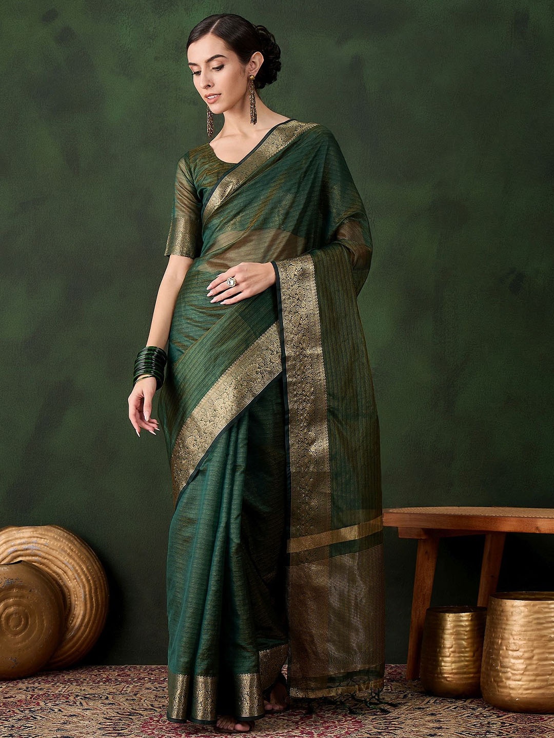 

Mitera Striped Zari Organza Kanjeevaram Saree, Green