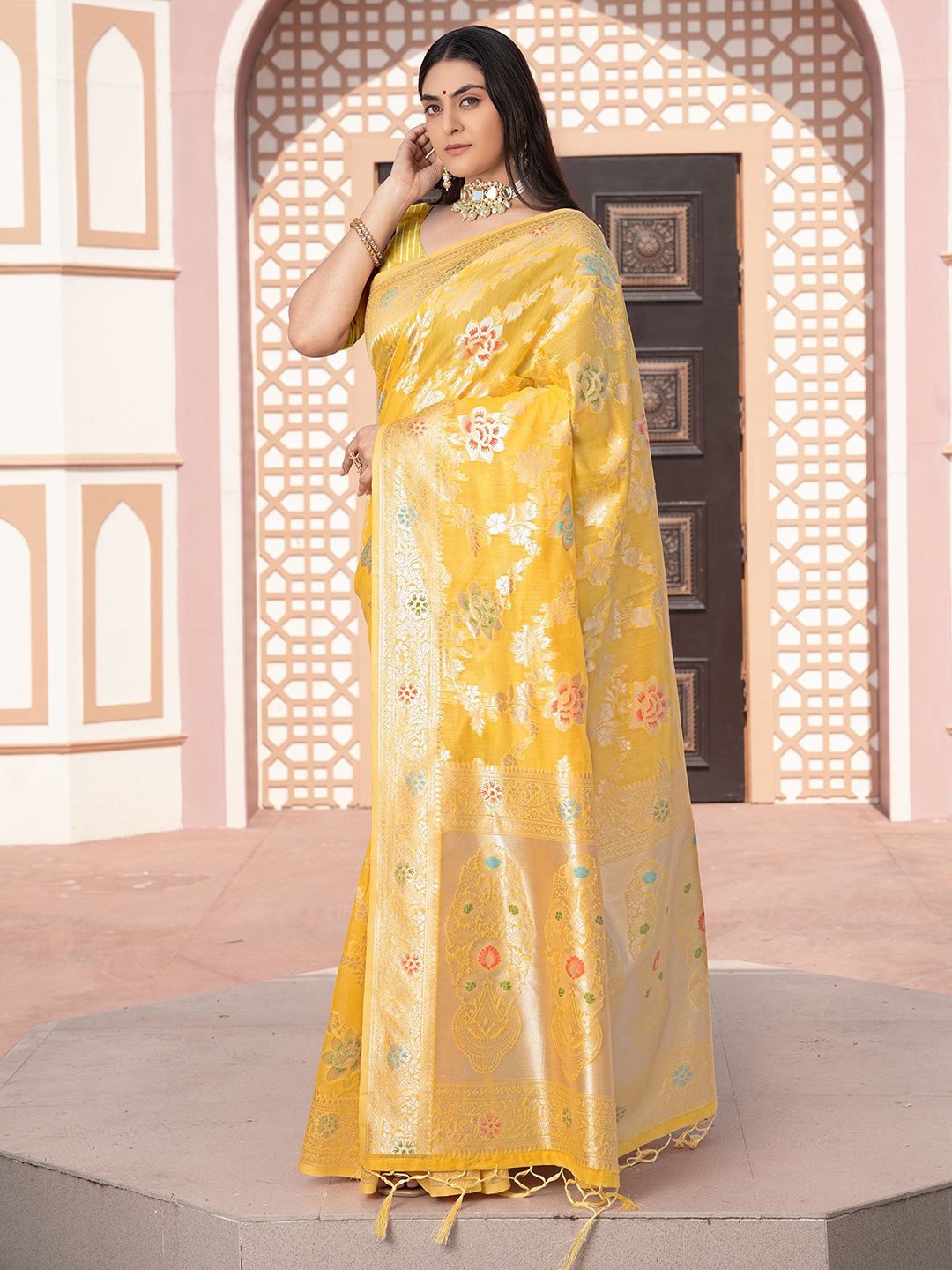 

Satrani Women Ethnic Motifs Zari Saree With Blouse Piece, Yellow