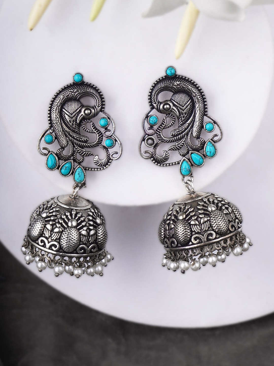 

Adwitiya Silver-Plated Artificial Stones Studded And Beaded Oxidised Dome Shaped Jhumkas