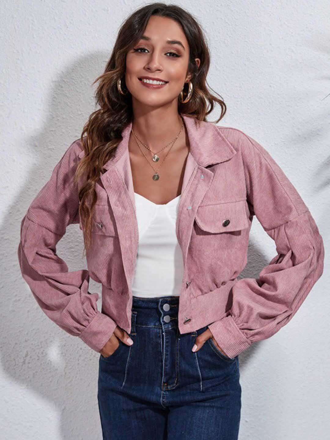 

Oh Rare Women Crop Denim Jacket with Embroidered, Pink