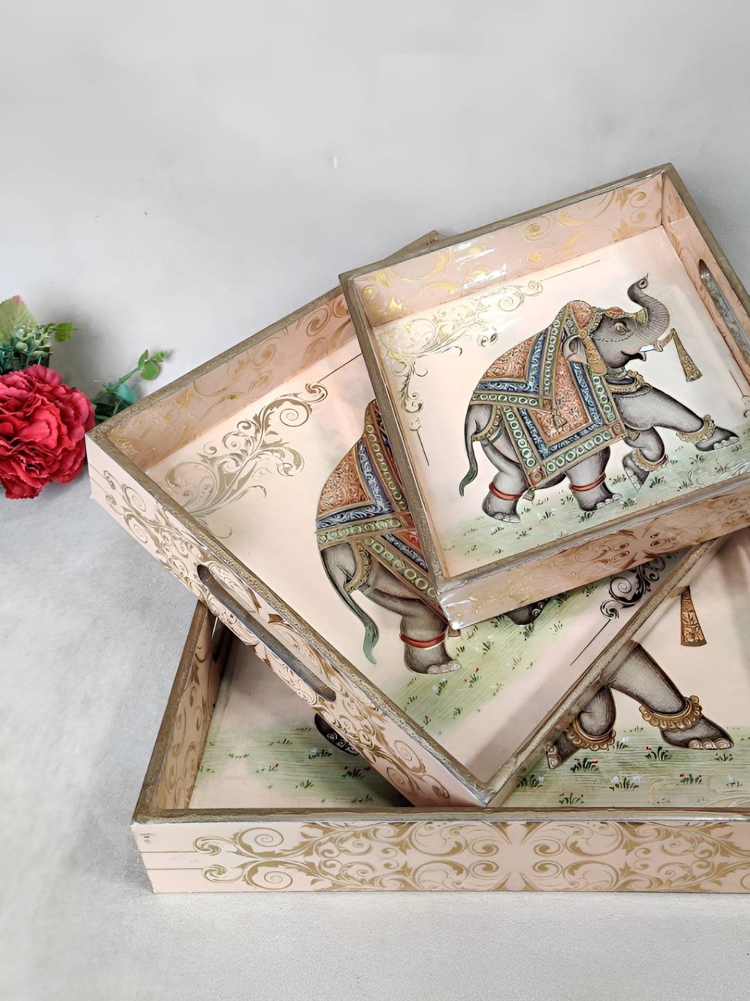 

THE HOME CO. Beige & Grey 3 Pieces Elephant MDF Square Shaped Serving Trays
