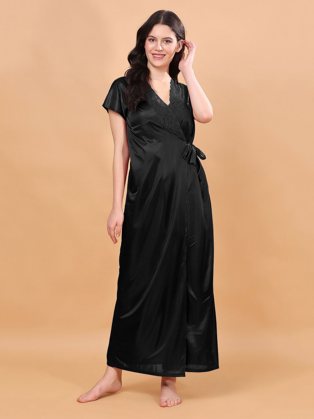 

NIGHT KEYS Women Satin Maxi Nightdress with Robe, Black