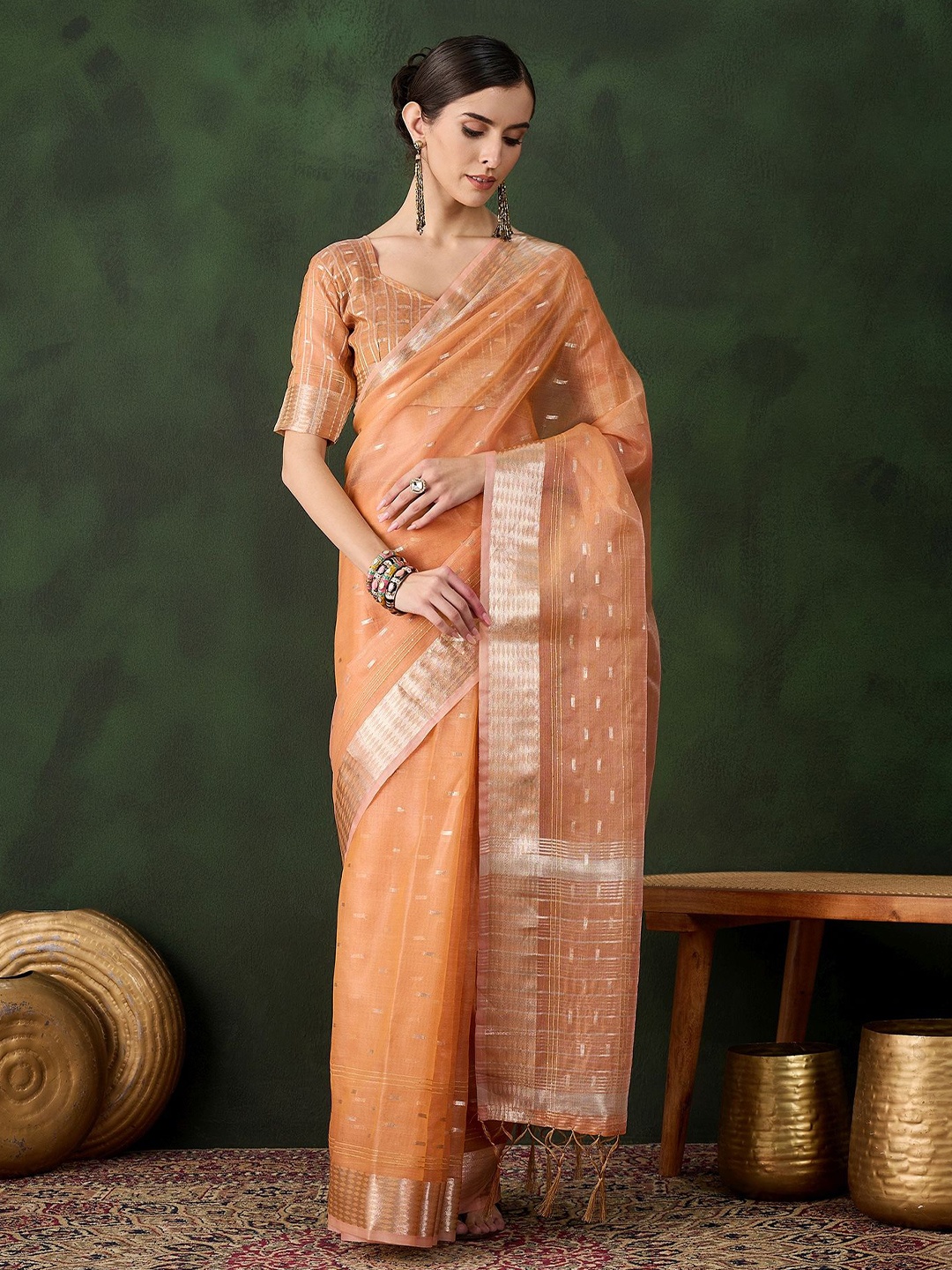 

Mitera Woven Design Zari Organza Kanjeevaram Saree, Orange