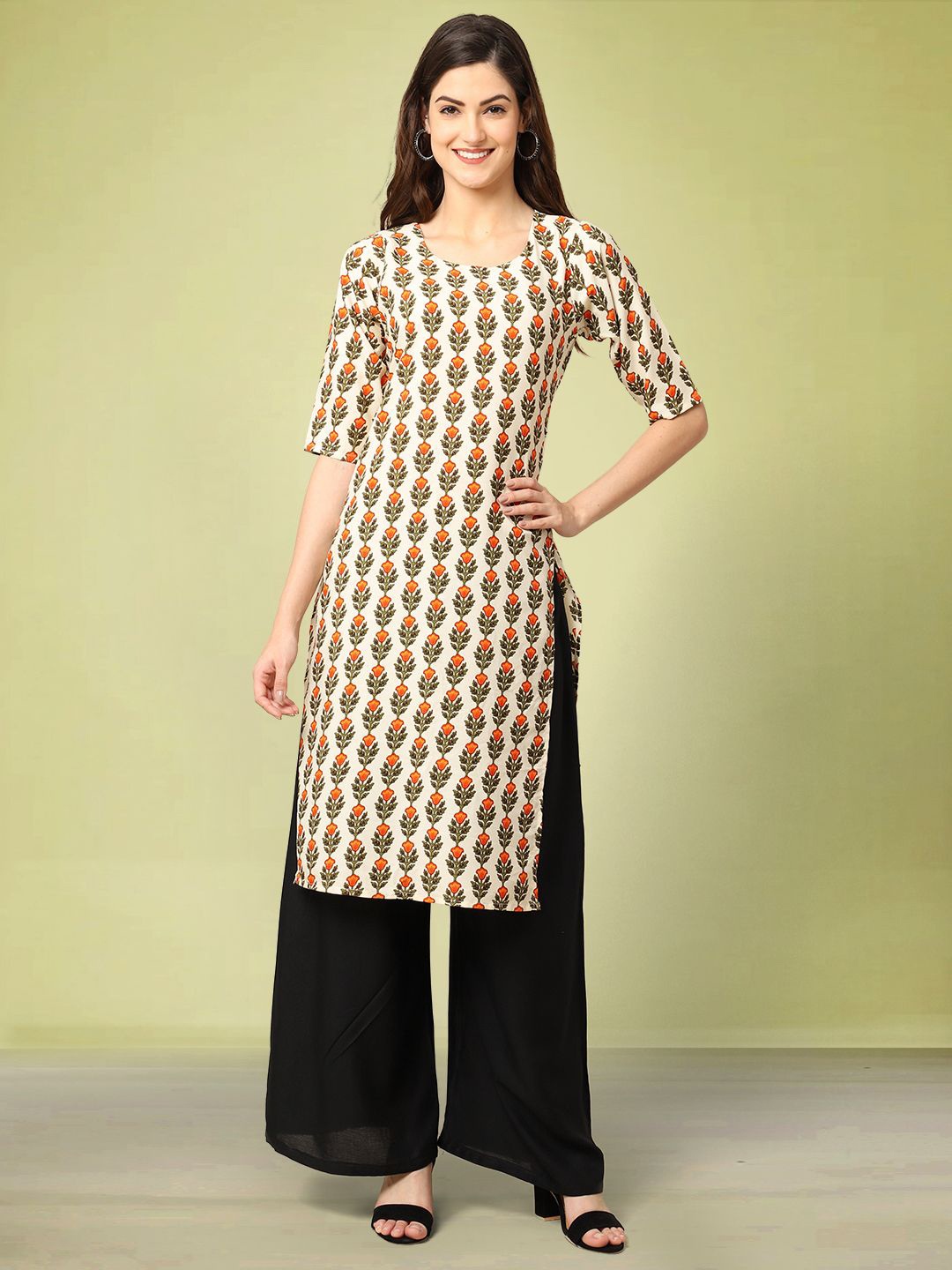 

Moda Rapido Floral Printed Round Neck Straight Kurta, Off white