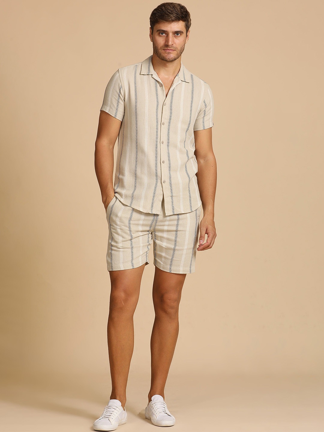 

POE Ariel Textured Striped Pure Cotton Shirt With Shorts Co-Ords, Beige