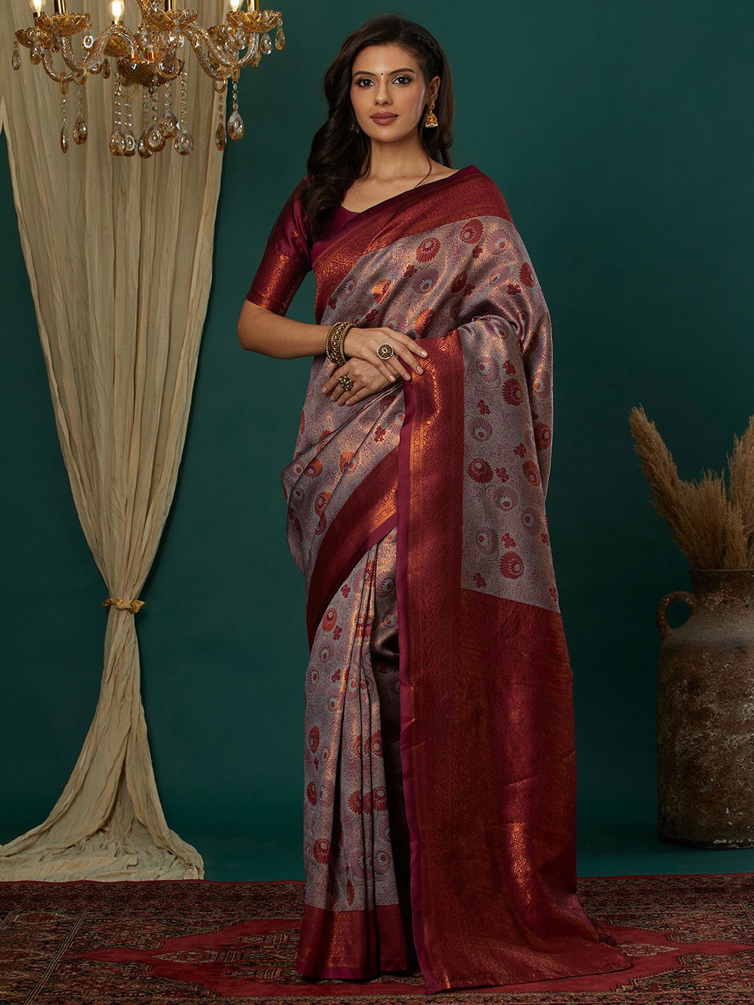 

Mitera Ethnic Motifs Zari Silk Blend Banarasi Saree, Grey