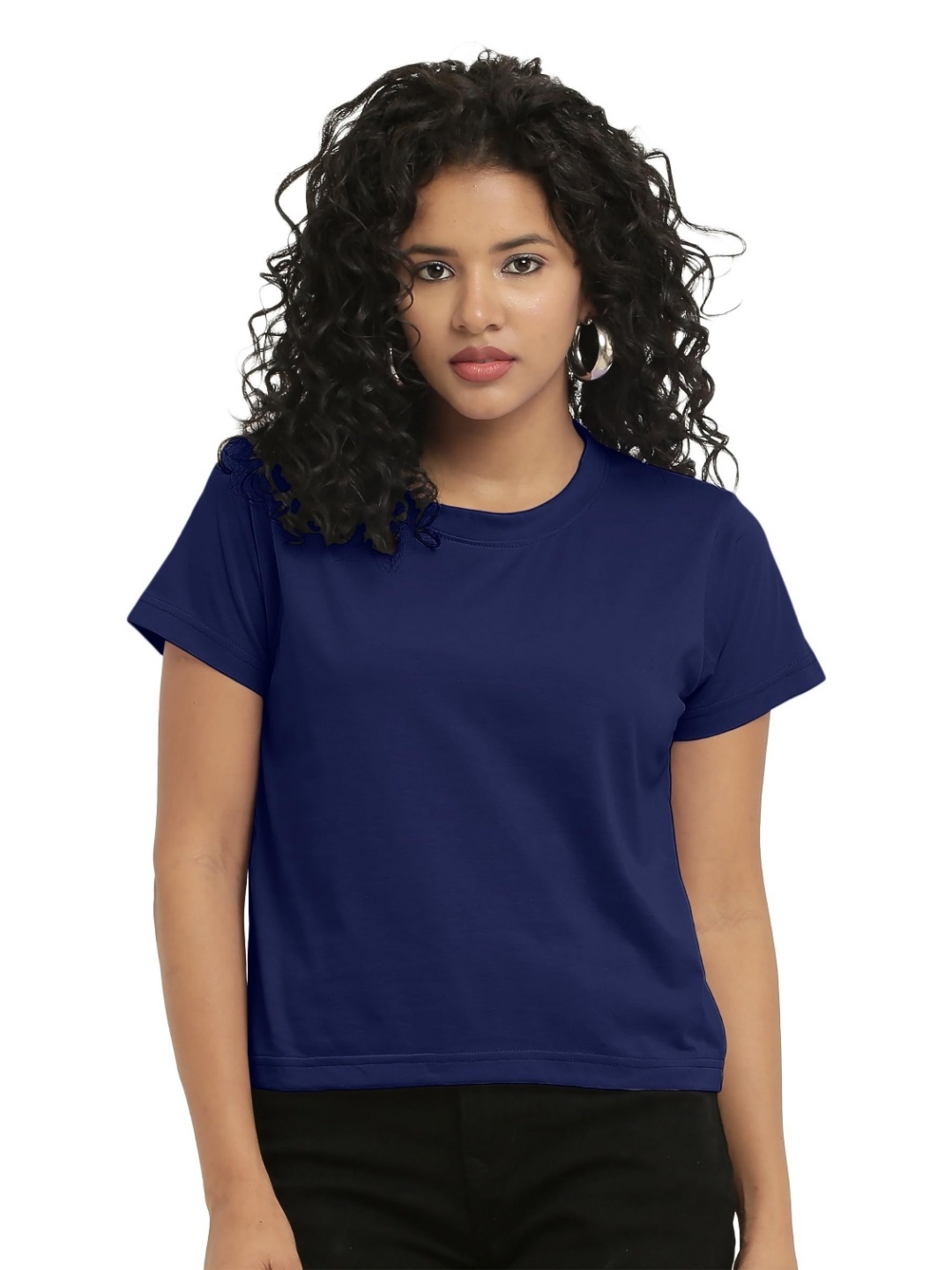 

NOTWILD Women Solid Round Neck Cotton Boxy T-shirt, Navy blue