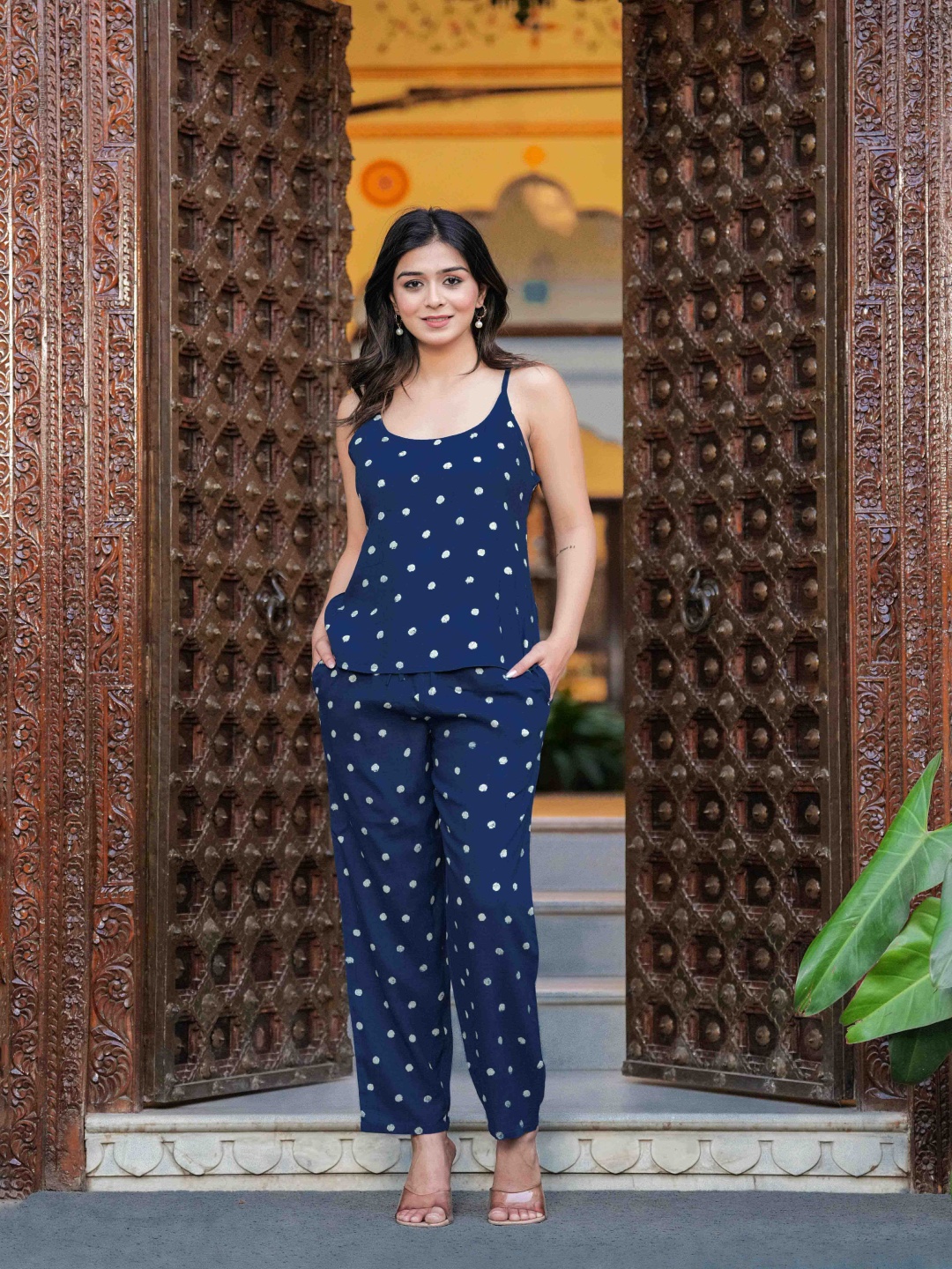 

NNAVDHA Polka Dot Printed Top Shrug With Trousers Co-ords, Blue