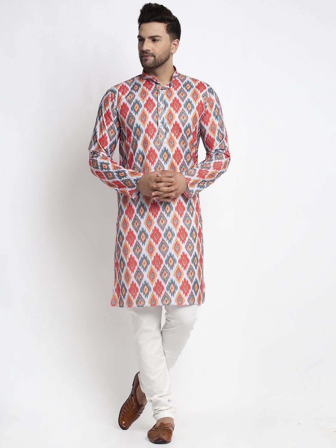 

Kaifoo Ethnic Motifs Printed Band Collar Long Sleeves Straight Kurta, White