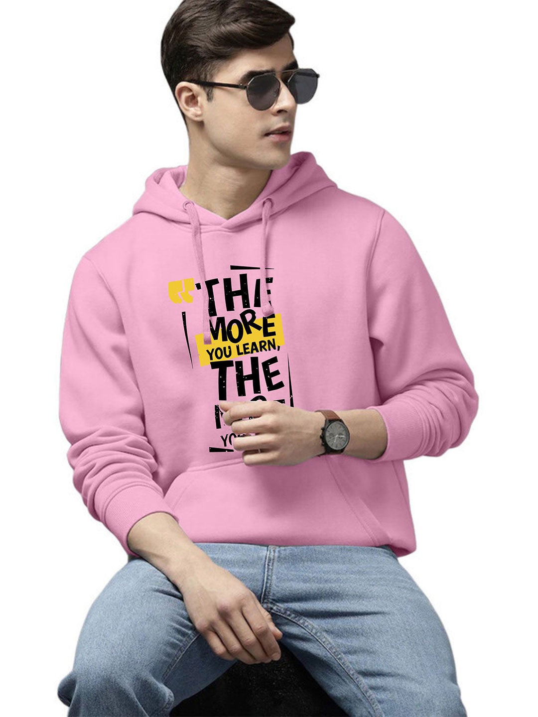 

WOOSTRO Men Typography Printed Hooded Sweatshirt, Pink
